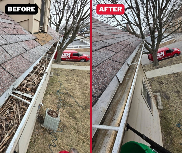 Before and after photographs of a gutter cleaned by the local FISH team